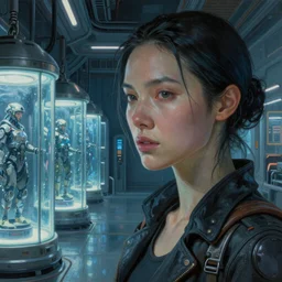 ultra realist intricate detailed painting of a female upclose in a room full of cryo pods, blade runner, sci - fi, very intricate details, 8 k resolution, volumetric lighting, artstyle hiraku tanaka, award winning