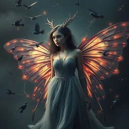 a masterful fantastic realist painting of an enchanting woman with skeletal butterfly wings, unusual moody birds, digital painting trending on artstation, volumetric lightning and mist, hyperrealistic, octane render