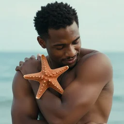 an award winning, emotion invoking photo of a light skinned black man, in his mid 2 0 s, with short curly hair, lovingly hugging his beloved starfish. 4 k, 5 0 mm lens, f 1. 8.