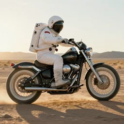 a focused shot still of aluminum forged side mounted dual jet engine powered handcrafted classic white wall tire heavy motorcycle in wild west, ridden by a astronaut wearing full white space suit and helmet speeding through the desert during front lit bright sunset, 4k from Wes Anderson film