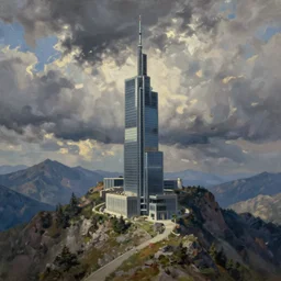a lone skyscraper standing on the peak of a mountain, beautiful, highly-detailed oil painting by Greg Rutkowski