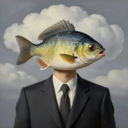 portrait of a faceless fish - head man in a suit, clouds in the background, by rene magritte, detailed painting, distance, centered, hd, hq, high resolution, high detail, 4 k, 8 k