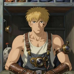 portrait of a mechanic resting in her cramped bunk, blonde, tank top, overalls, steampunk, richly defined face, highly detailed, cel shading, digital painting, anime key visual, artwork by ilya kuvshinov and hayao miyazaki and wlop