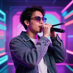 handsome nerdy man raps into microphone, hip hop vaporwave, abstract background, neon, photo, detailed, 4k