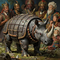 ancient javanese rhinoceros armored animal robot, hayao miyazaki's movies, studio ghibli's mastery of color grading detail, insanely detailed intricate, realistic octane 3 d, hyper realistic, complex scene, art station, uhq, textures, detailed expression on every face, dramatic, maximalist painting by bouguereau and gurney