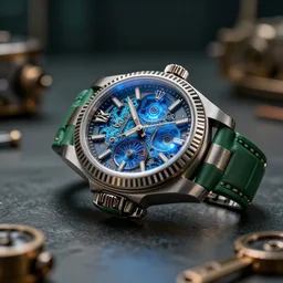 complex 3 d render of a futuristic steampunk watch lying on a table, high detail, sharp focus, glowing blue interior components, fractal detail, depth of field, bokeh, cinematic lighting and composition, octane render, film grain, rolex, nordgreen, montblanc