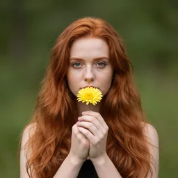 Portrait of a young redhead lady with a flower, Canon EOS R3, f/1.4, ISO 200, 1/160s, 8K, RAW, unedited, symmetrical balance, in-frame