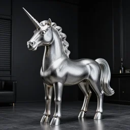Photo of a steel unicorn in a dark room