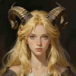 woman blond portrait horns on head, art by studio ghibli and greg rutkowski and artgerm and ilya kuvshinov, portrait, d & d, fantasy, highly detailed, digital painting, headshot, trending on artstation, concept art, sharp focus, illustration art by artgerm and greg rutkowski and alphonse mucha