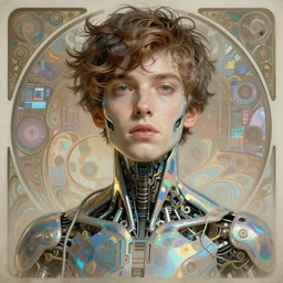 A portrait of Thom Yorke as a cyberpunk android, iridescent highlights, surrounded by digital swirls, highly detailed, intricate, soft, sci-fi, sharp focus, subsurface scattering, art by Moebius, Alphonse Mucha