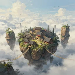 peaceful village built on floating rocks among the clouds, d & d, rope bridges, birds in background, high fantasy, detailed, digital painting, realistic, landscape by jonathan berube
