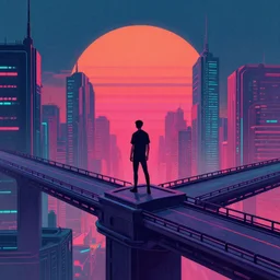 a man standing on top of a bridge over a city, cyberpunk art by james gilleard, cgsociety, retrofuturism, cityscape, synthwave, matte painting