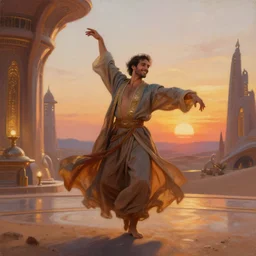 portrait of a happy male dancer, wearing flowing robes, in a futuristic desert palace, sunset and lamplight, painting by krenz cushart