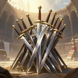 a pile of swords in the middle of a gladiator arena, d & d, heartstone, digital painting, volumetric light, intricate, sharp, focus, bloom, illustration, highly detailed, concept art, matte, ruan jia, randy vargas, greg rutkowski