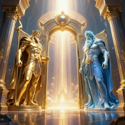 the gates of the utopia dimension with the god zeus and god poseidon standing, artstation, volumetric light, high detail, reflections, perfect, concept art, hdr, 4 k