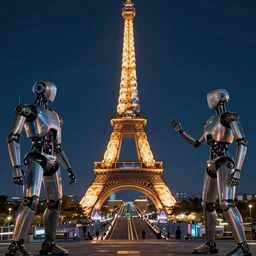 cinematography futuristic Paris at night with robots. Cyberpunk, Neon.