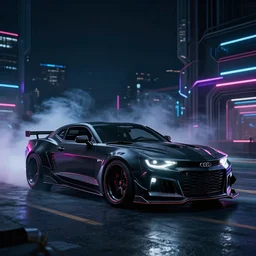 widebody all black audi camaro b 7 ( 1 9 6 9 ) modernized, need for speed : carbon, at night, sci - fi, neon lines, phonk music background, smoke behind wheels, noise, dark, establishing shot, by simon stalenhag