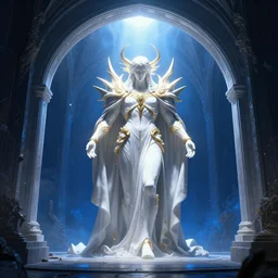 blue underground portal, dark souls, cryptopunk deathcore style of beksinski, dramatic white and blue lighting, god in white and gold in the center, cinematic 8 k, houdini render, octane render. ultra clear detailed.