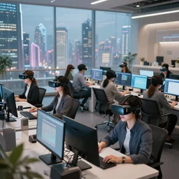 future city where people see through VR glasses and go to work at a computer in a shared space. In this future city, people would be able to see through VR glasses and go to work at a computer in a shared space. This would allow for a more efficient use of space and resources, as well as a more efficient way of working