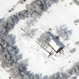 sattelite image of snow from 250 meters height, just a few cut frozen trees covered with ice and snow, old lumber mill remains, beautiful winter area