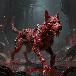 concept art by greg rutkowski, dog - shaped monster made of twisted flesh and reddish ooze, roaming the colony, looking rabid, in a claustrophobic, futuristic and brutalist environment, frightening and creepy atmosphere, scifi, highly detailed portrait, digital painting, artstation, concept art, smooth, sharp foccus ilustration, artstation hq
