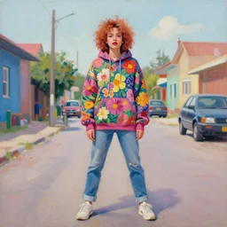 still from music video of barbara palvin from die antwoord standing in a township street, wearing a hoodie and flowers, street clothes, full figure portrait painting by martine johanna, ilya kuvshinov, rossdraws, pastel color palette, maximalism, haute couture, 2 4 mm lens