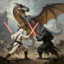 epic painting of jedi and sith fighting dinosaurs