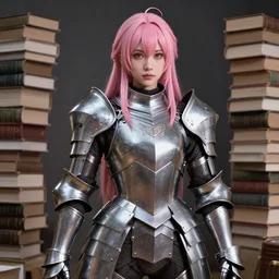 a masterpiece hyperrealistic ultradetailed fullbody photograph of a lifelike real human anime girl in full steel plate armor, surrounded by books, gorgeous, pink hairs, skin pores, humanesque eyes, photoreal image, in the style of wlop, overrendered, blender, unreal engine, extremely detailed, trending on artstation, sharp focus, 4 k