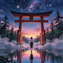 reimu walking in cloud pond forest dusk, giant torii gate, fractal dreamscape, shattered sky cinematic, shooting stars, mirror reflection, vibrant colors, digital anime illustration, award winning, by makoto shinkai