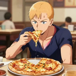 Saitama from One Punch Man eating pizza, 8k hdr pixiv dslr photo