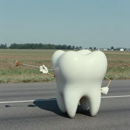 Film still of an anthropomorphic tooth hitchhiking across America, Fellini film, 1972