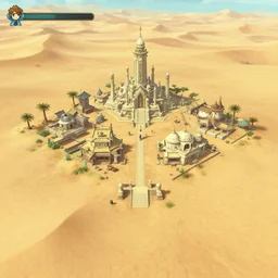 gameplay walkthrough 3 rd person adventure game isolated small inhabited religious warrior village with pale colored spiritual sacred alien architecture in the lush oasis of a vast flat empty sand desert with dunes, screenshot, final fantasy, square enix, jrpg, unreal engine