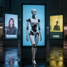 detailed portrait of an elegant graceful yet lonely robot, electronic billboards, tech noir, wet reflections, atmospheric, ambient, livia prima, greg rutkowski, edward hopper, pj crook