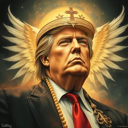 vibrant muted colors, still of a [ angelic seraphim possessed ] [ donald trump ], by arthur adams, by tom bagshaw, by henry asencio, by kikuchi hideyuki, by albert bierstadt, visual novel, ink, wall decal, cinematic, insanely detailed and intricate, hypermaximalist, elegant, ornate, hyper realistic, super detailed