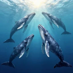 Looking up at a pod of whales underwater, the sun shines through them, intricate, highly detailed, digital painting, artstation, concept art