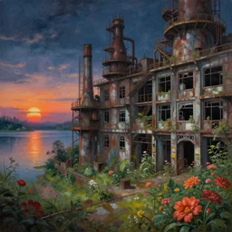 a beautiful detailed painting of industrial architecture city building nature abandoned chamber architecture by liam wong, otherworldly retro vice city flowers at night sunset lake, archdaily, wallpaper, highly detailed, trending on artstation.