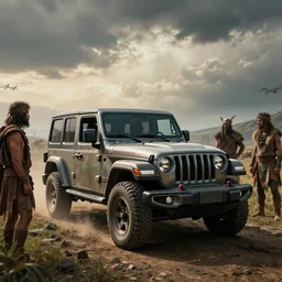 single jeep wrangler, tribe members watching nearby, an epic fantasy, dramatic lighting, cinematic, establishing shot, extremely high detail, photorealistic, cinematic lighting, artstation, by simon stalenhag, horizon forbidden west