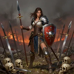 woman, warrior, shield, spear, place of battle, swords stuck in the ground, skulls on the ground, highly saturated colors, detailed illustration, digital art, overdetailed art, concept art, Dan Mumford, Greg Rutkowski, trending on artstation