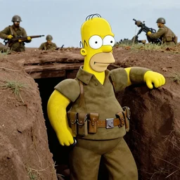 Homer Simpson as a soldier, ww1 trench, war photo, film grain