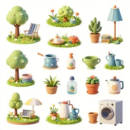 game asset sheet, material study, 2 d sprite, household items, lawn decorations and appliances kitschy styling high quality surreal