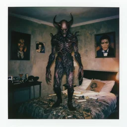 hyperrealistic cursed daguerreotype polaroid cinestill of creepy azathoth monster entity creature standing in bedroom designed by lovecraftian, guillermo del toro, michael hutter, kentaro miura, junji ito, gantz, hideo kojima, colorized. scp historical archives. david lynchian atmosphere. deep aesthetics of weirdcore