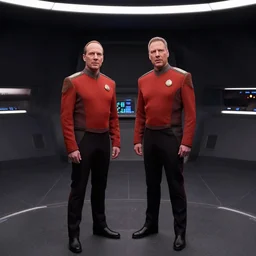 movie still of the holodeck on the uss enterprise, cpt. jean luc picard is seen with hist first commander in the empty dark holodeck
