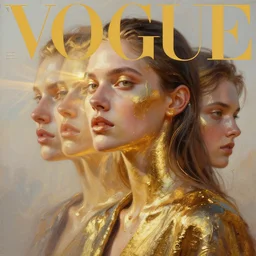 3 d, close - up, fashion model, liquid gold, morning, sun rays, vogue cover style, poster art, hyper detail, intricate oil painting, multiple exposure, hell mood, 3 d, by tooth wu and wlop and beeple and greg rutkowski