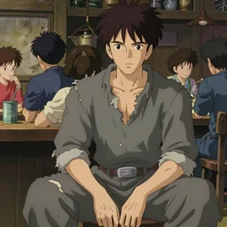 an anime about a lamia man wearing raggedy clothes and seated in a run down but crowded tavern, art by yuji ikehata and satoshi kon, background art by miyazaki, realism, proper human male proportions, fully clothed, vhs