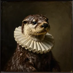 frameless dutch golden age oil painting portrait of an otter wearing a ruff collar, warm lighting, chiaroscuro