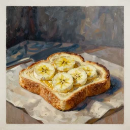still life of a slice of banana toast, oil painting, paul cezanne