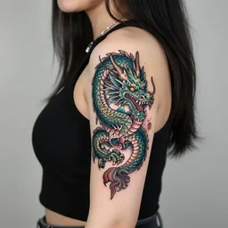 a girl with a dragon tattoo. ultra detailed. beautiful. sharp focus. colorful. hyper realistic