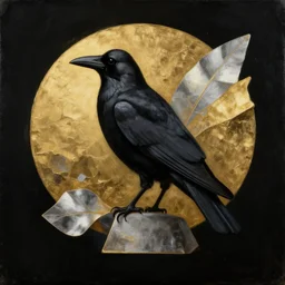 crow, award - winning painting, gold and silver shapes, elegant, luxurious, beautiful, pitch black background, chiaroscuro