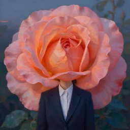 closeup, huge rose flower head, frontal, a girl with suit, surreal photography, sunrise, dramatic light, impressionist painting, digital painting, artstation, simon stalenhag