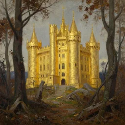 the golden castle in the decaying forest by greg rutkowski, oil on canvas